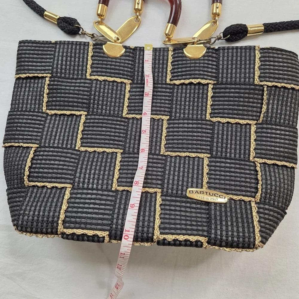Bartucci Made in Italy Woven‎ Black Gold Tote Bag Rope Strap Top Handle
